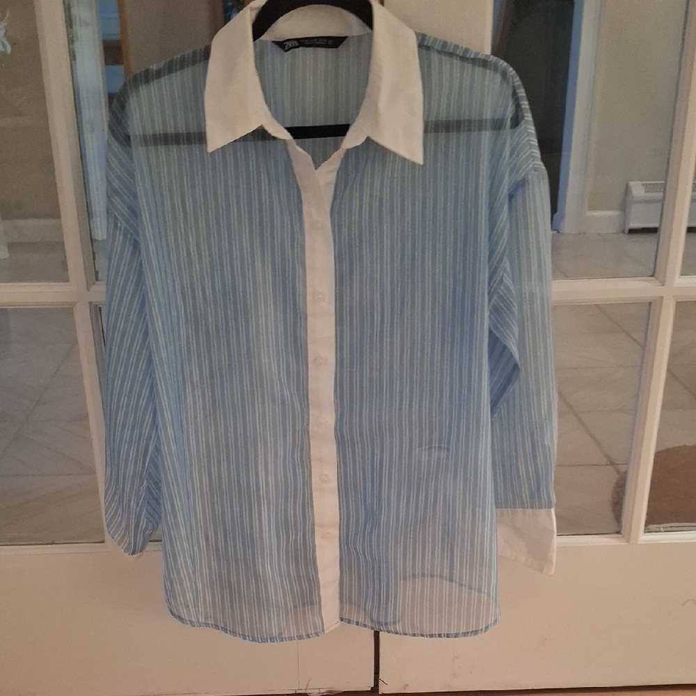 Zara Blue and White Striped Sheer Button Up Blouse